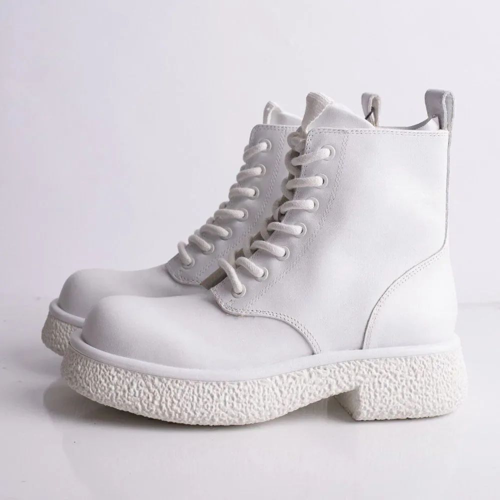 Zara Womens White Leather Chunky Ankle Boots EU 37 US 6.5 Combat 1116/810 NWT